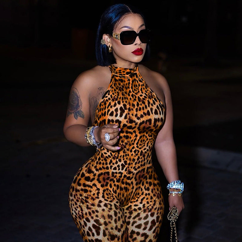 Summer Sexy Backless Halter Lace up Leopard Print Hip Raise Skinny Jumpsuit for Women Bella Mia